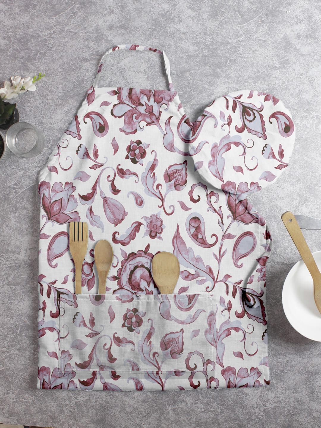 HOUZZCODE Set of 2 White & Purple Floral Printed Apron With Cap Price in India