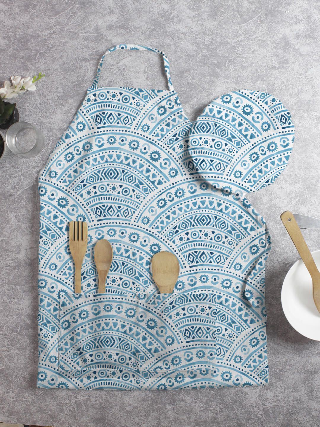 HOUZZCODE Set of 2 Blue Ethnic Motifs Printed Apron With Cap Price in India