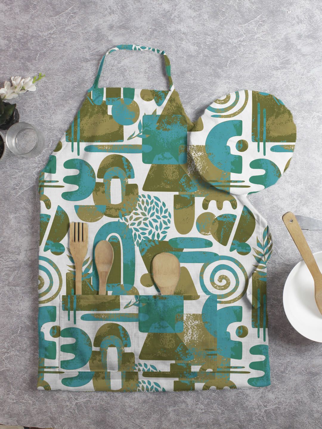 HOUZZCODE Set of 2 Olive Green & White Abstract Printed Apron With Cap Price in India
