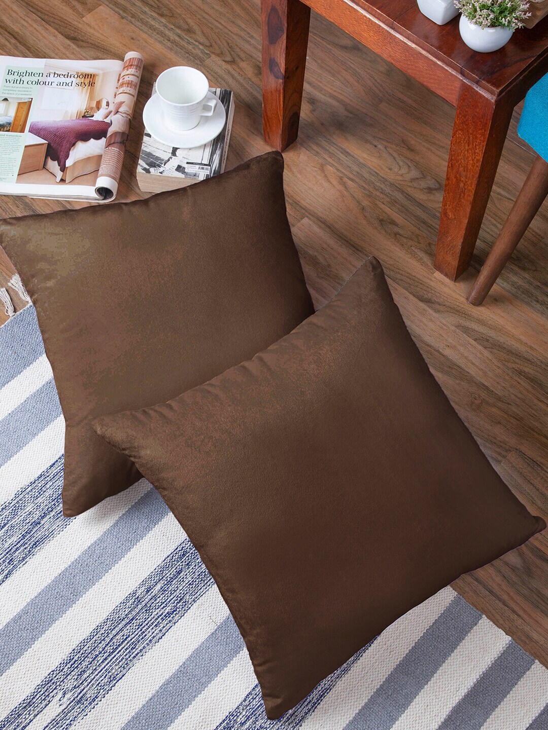 Encasa Homes Coffee Brown Set of 2 Velvet Square Cushion Covers Price in India
