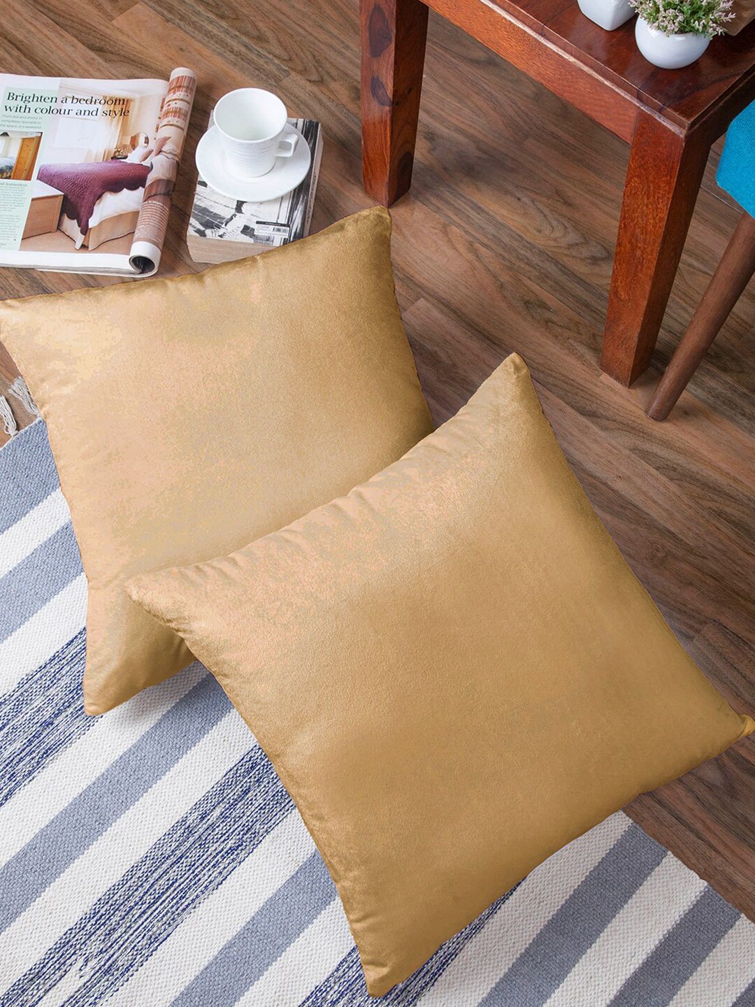 Encasa Homes Gold-Toned Set of 2 Velvet Square Cushion Covers Price in India