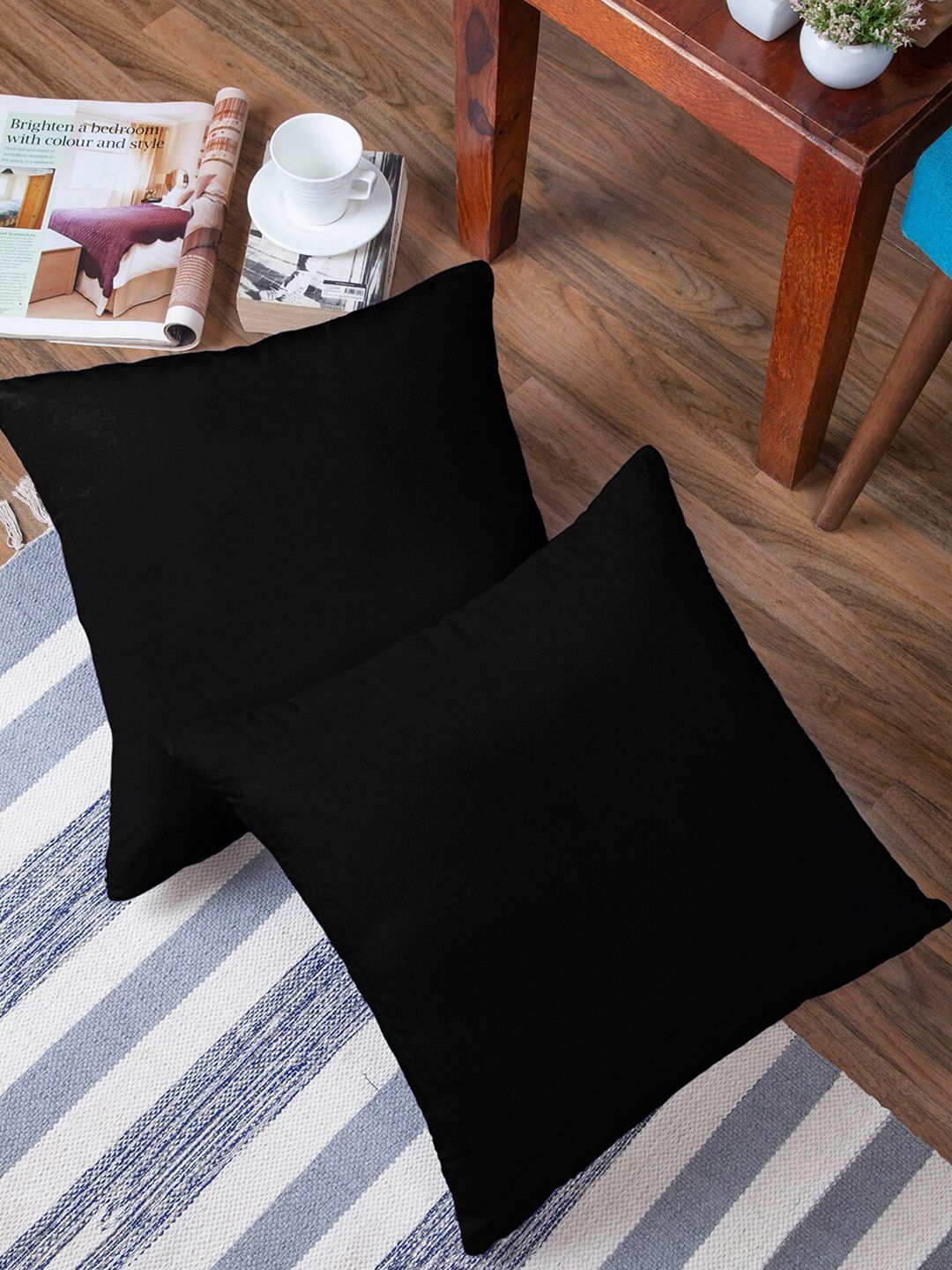 Encasa Homes Black Set of 2 Velvet Square Cushion Covers Price in India
