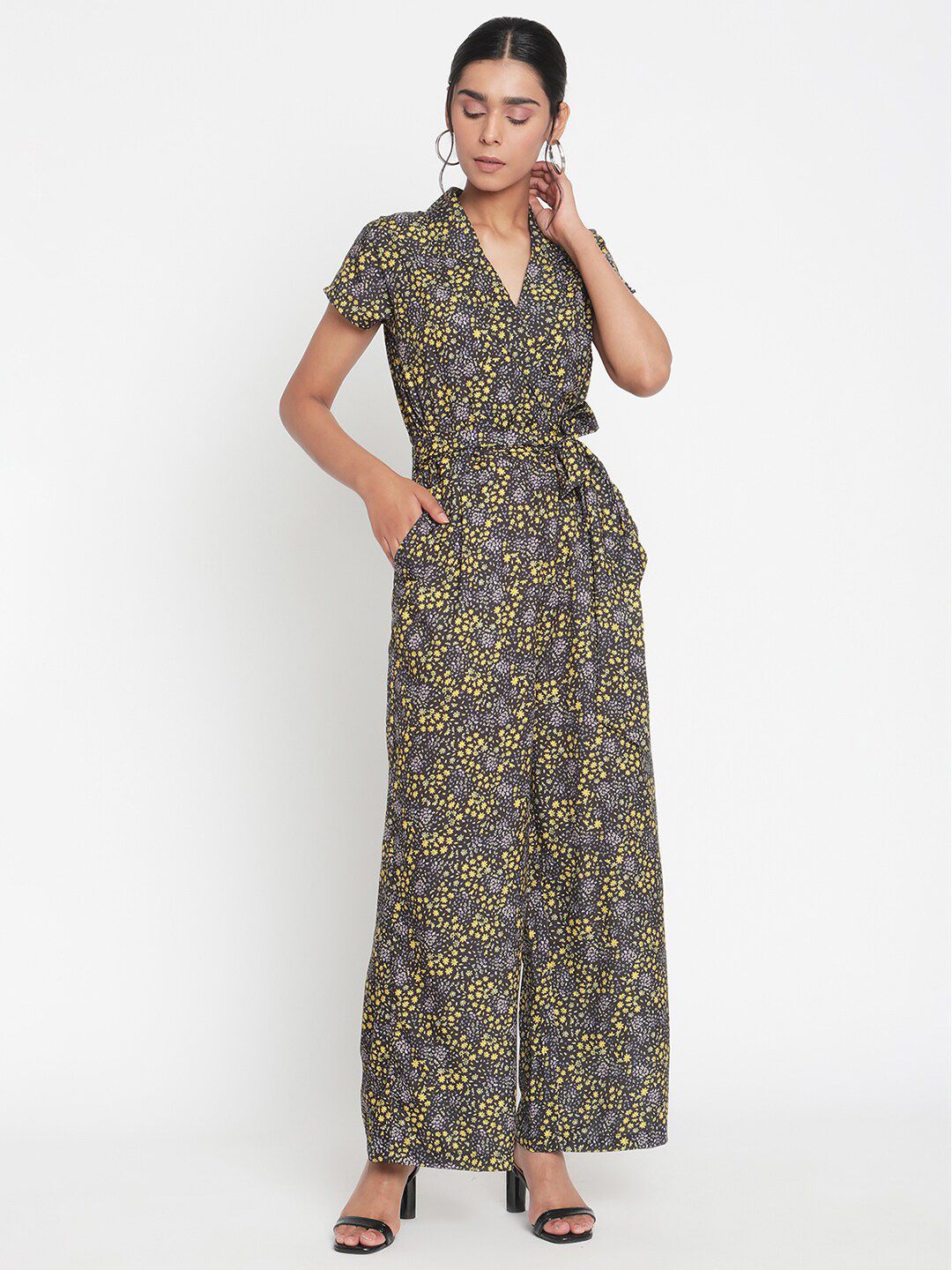 The Vanca Women Black & Yellow Printed Basic Jumpsuit