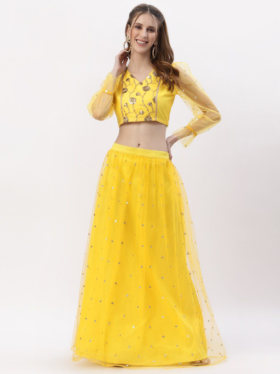studio rasa Women Yellow Embroidered Sequinned Ready to Wear Lehenga &