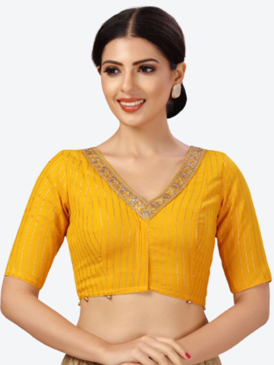 Studio Shringaar Women Yellow Embroidered Georgette Saree Blouse Price in India
