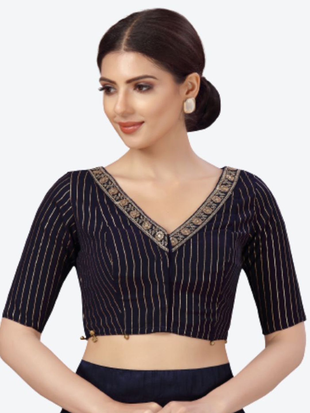 Studio Shringaar Navy Blue & Gold Embroidered Saree Blouse Price in India