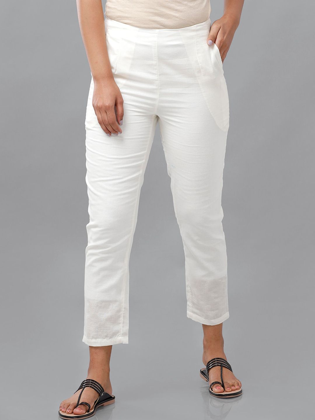 De Moza Women Off White Solid Mid Rise Trousers Price in India