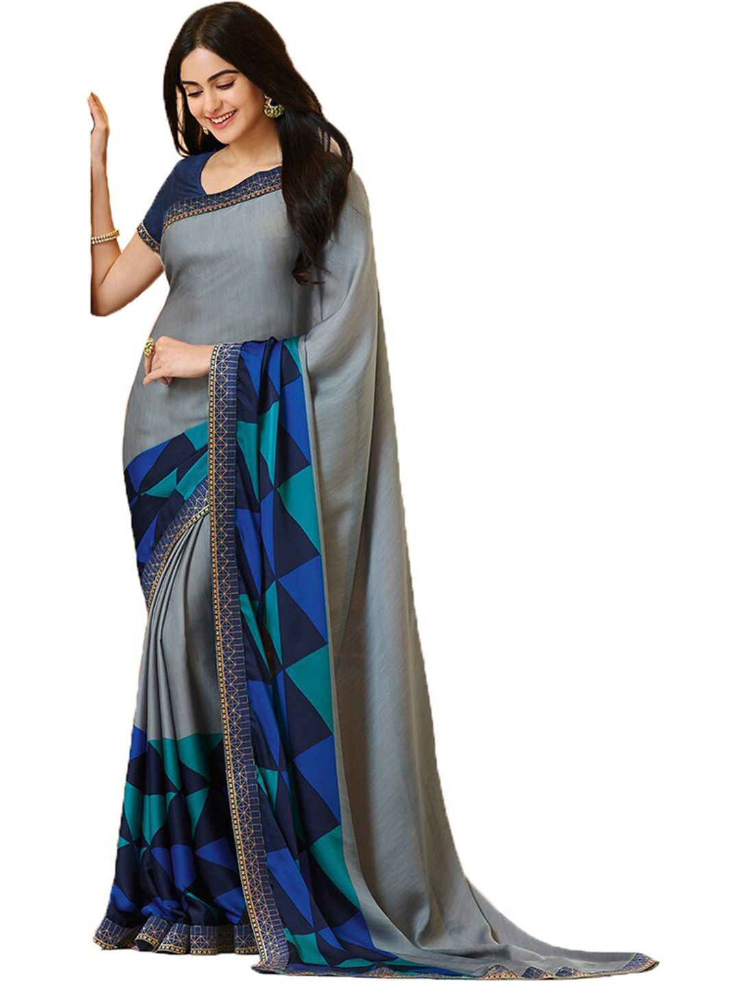 Zainab chottani Grey & Blue Pure Georgette Block Print Saree