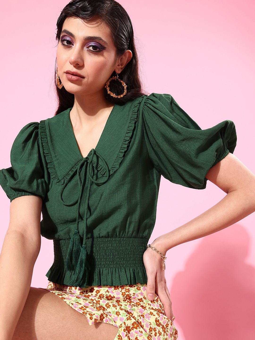 Zink London Gorgeous Green Solid Statement Collar Top Price in India
