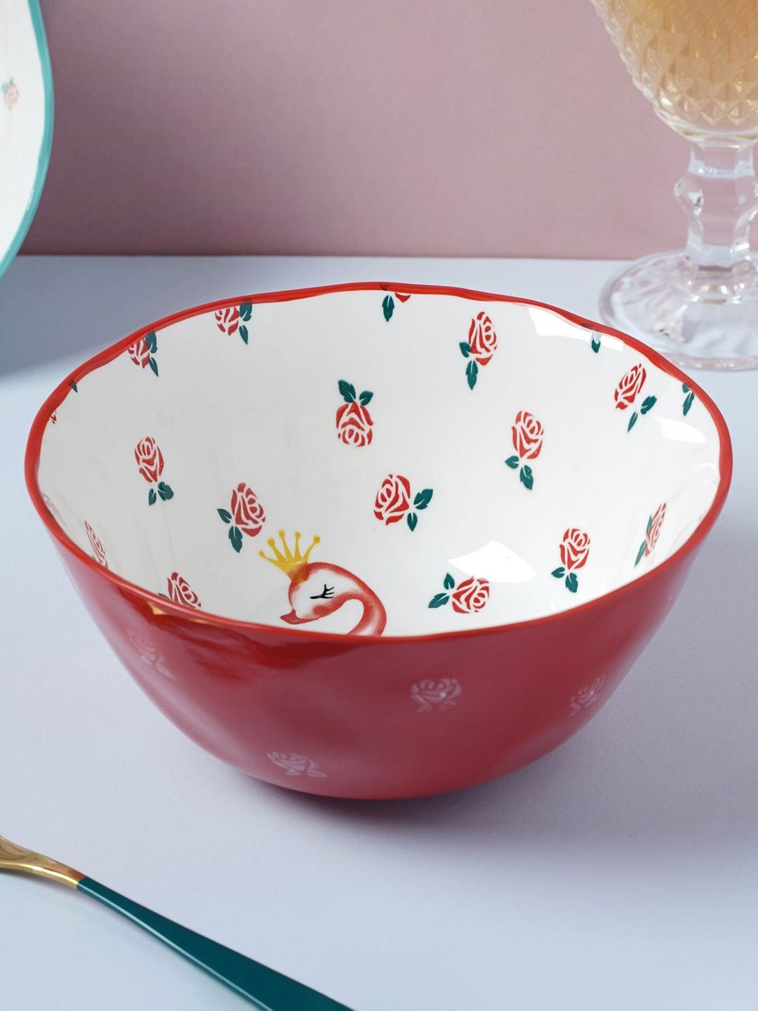 Nestasia White & Red 1 Piece Floral Printed Ceramic Glossy Curry Bowl Price in India
