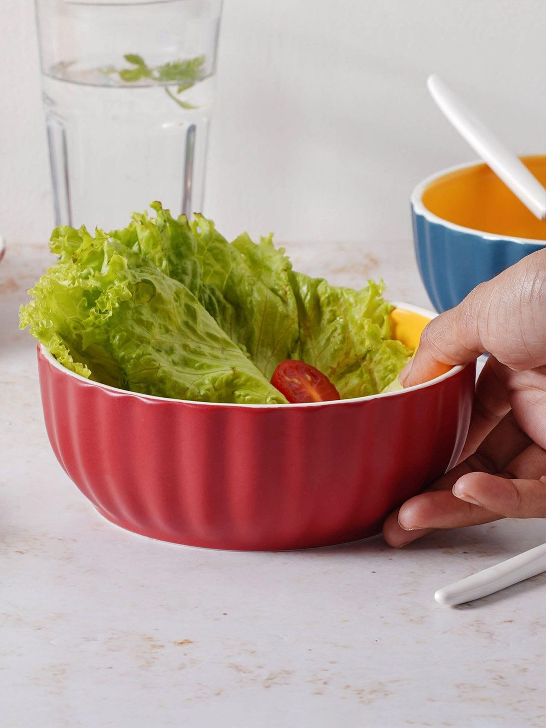 Nestasia Red & Yellow Textured Ceramic Chrome Salad Bowl 550 ml Price in India