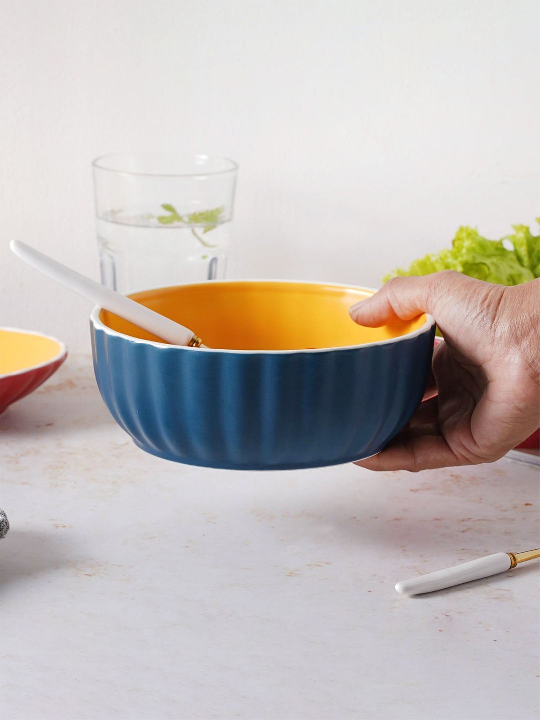 Nestasia Blue & Yellow Chrome Ceramic Salad Bowl Price in India