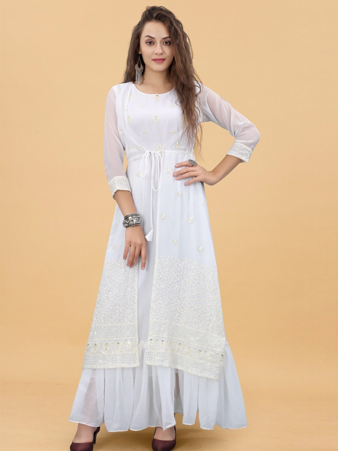 APNISHA Women White Ethnic Motifs Georgette Maxi Dress Price in India