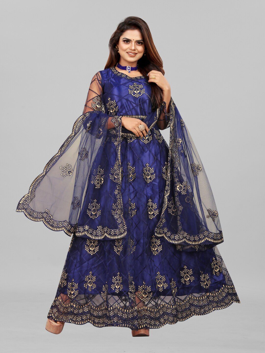 APNISHA Navy Blue Ethnic Motifs Net Maxi Semi-Stitched Dress With Dupatta Price in India