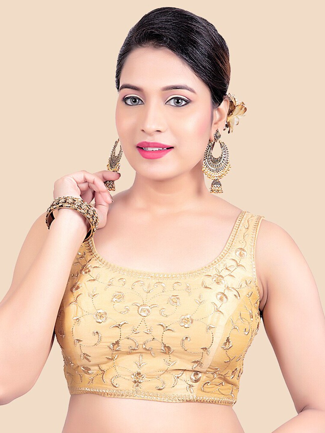 FEMMIBELLA Gold-Toned Embroidered Saree Blouse Price in India