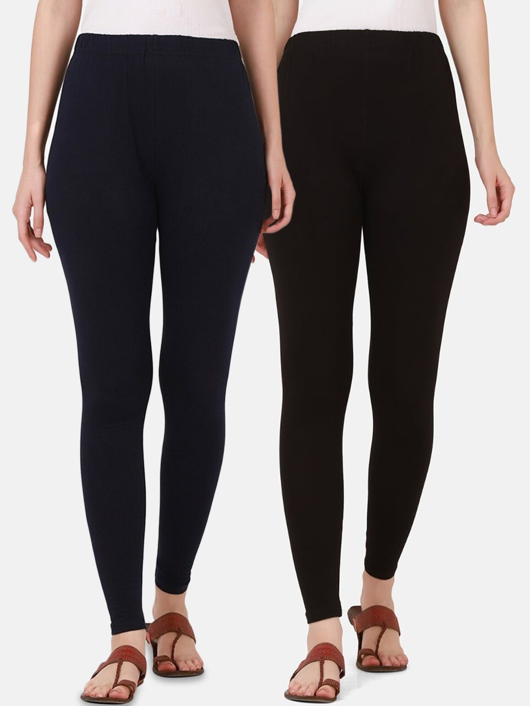 BUY NEW TREND Women Pack Of 2 Blue & Black Solid Pure Cotton Ankle Length Leggings Price in India