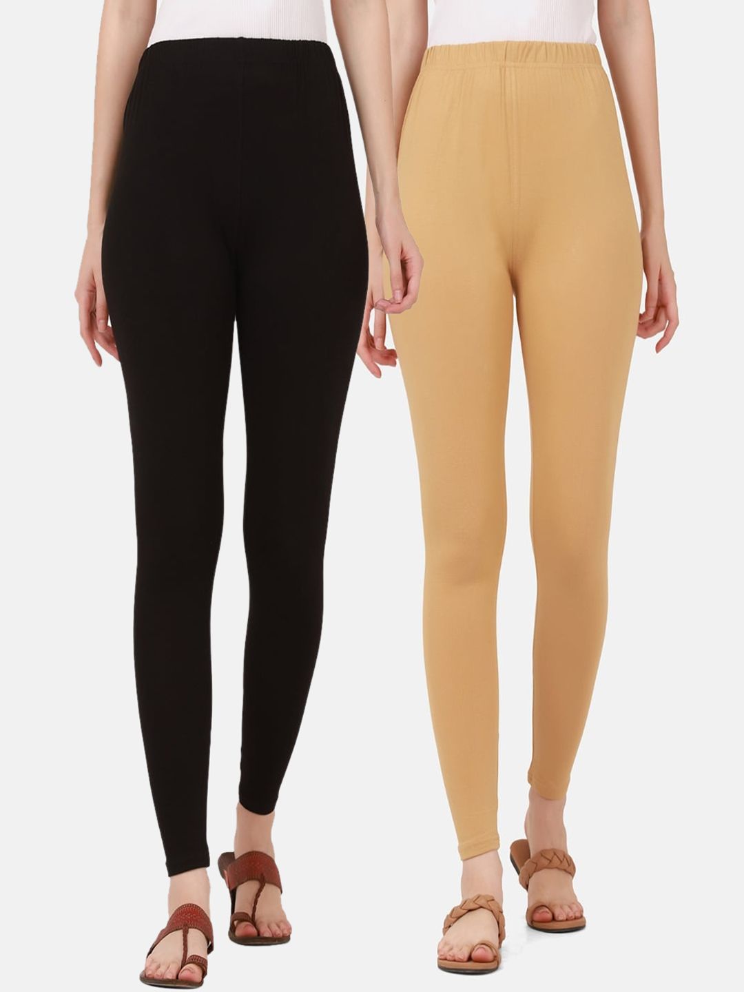 BUY NEW TREND Women Pack Of 2 Black & Beige Solid  Pure Cotton Ankle-Length Leggings Price in India