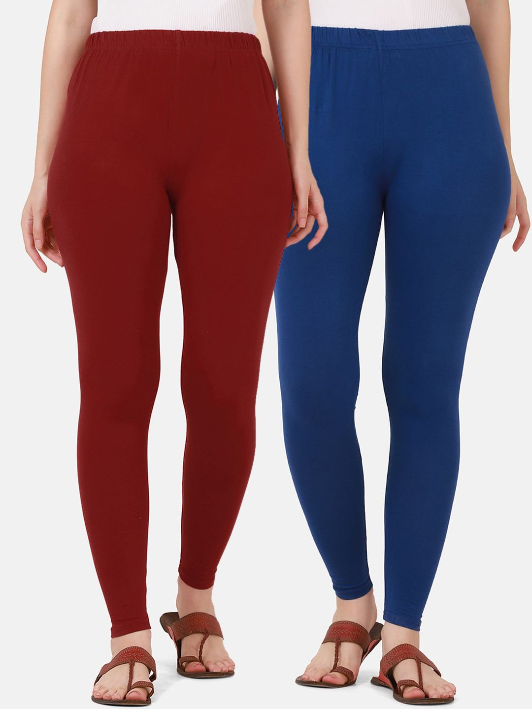 BUY NEW TREND Women Pack Of 2 Maroon & Blue Solid Ankle Length Pure Cotton Leggings Price in India