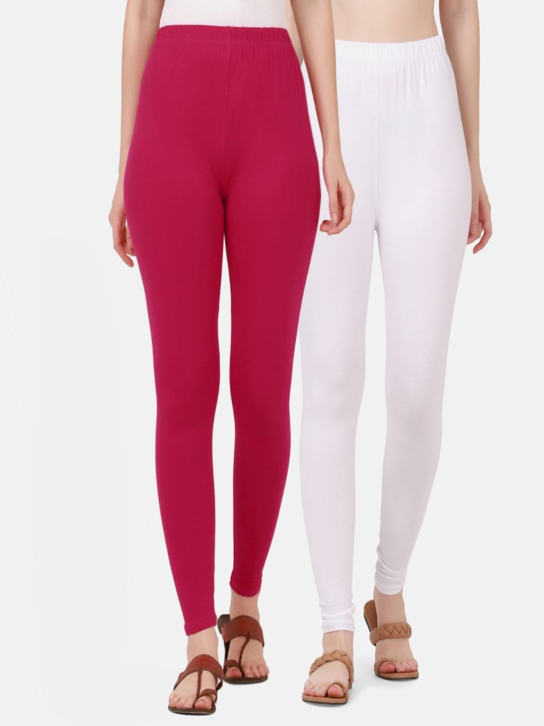 BUY NEW TREND Women Pack Of 2 Pink & White Solid Cotton Ankle-Length Leggings Price in India