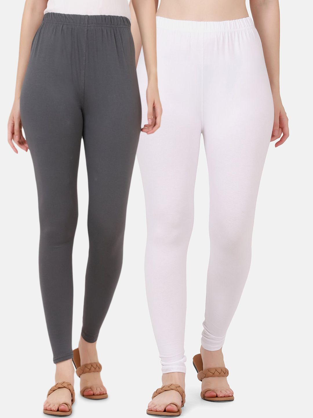 BUY NEW TREND Women Pack Of 2 White & Grey Solid Ankle-Length Leggings Price in India