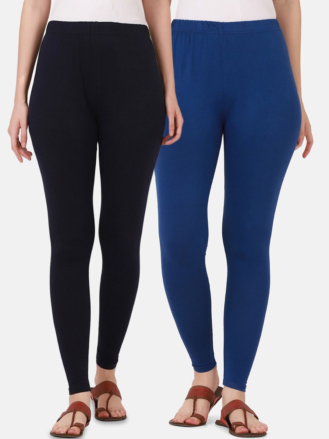 BUY NEW TREND Women Set of 2 Solid Navy Royal & Black Cotton Ankle Length Leggings Price in India