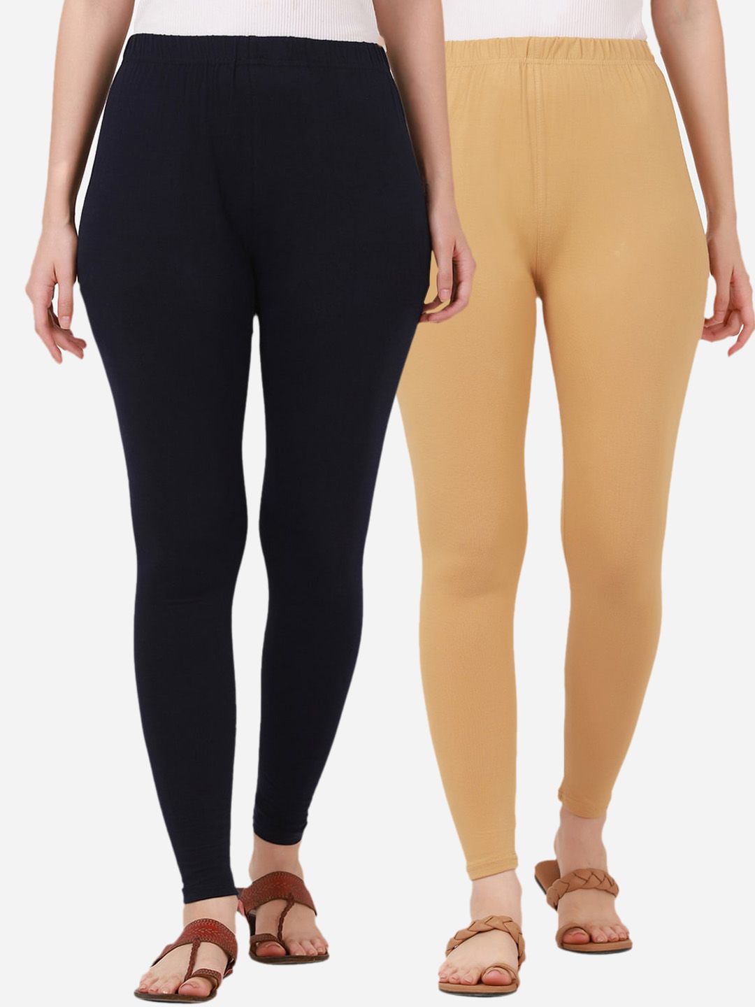 BUY NEW TREND Women Pack Of 2 Navy Blue  & Beige Solid Ankle-Length Leggings Price in India