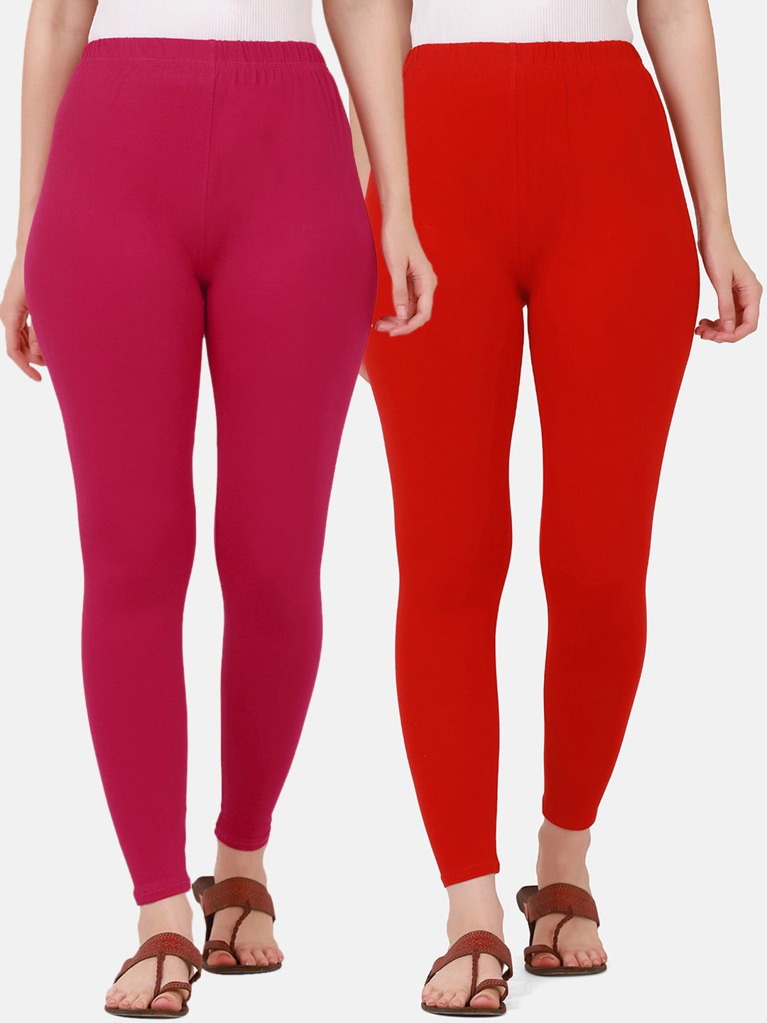 BUY NEW TREND Women Pack Of 2 Pink & Red Solid Pure Cotton Ankle Length Leggings Price in India