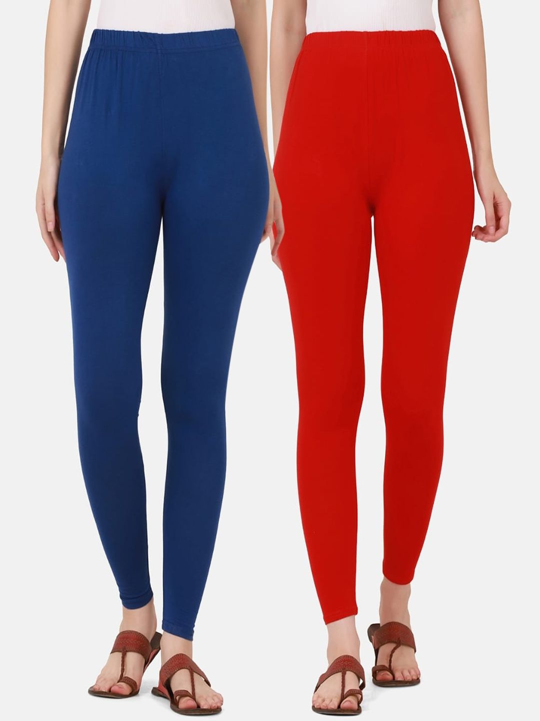 BUY NEW TREND Women Pack Of 2 Royal Blue & Red Solid Pure Cotton Ankle-Length Leggings Price in India