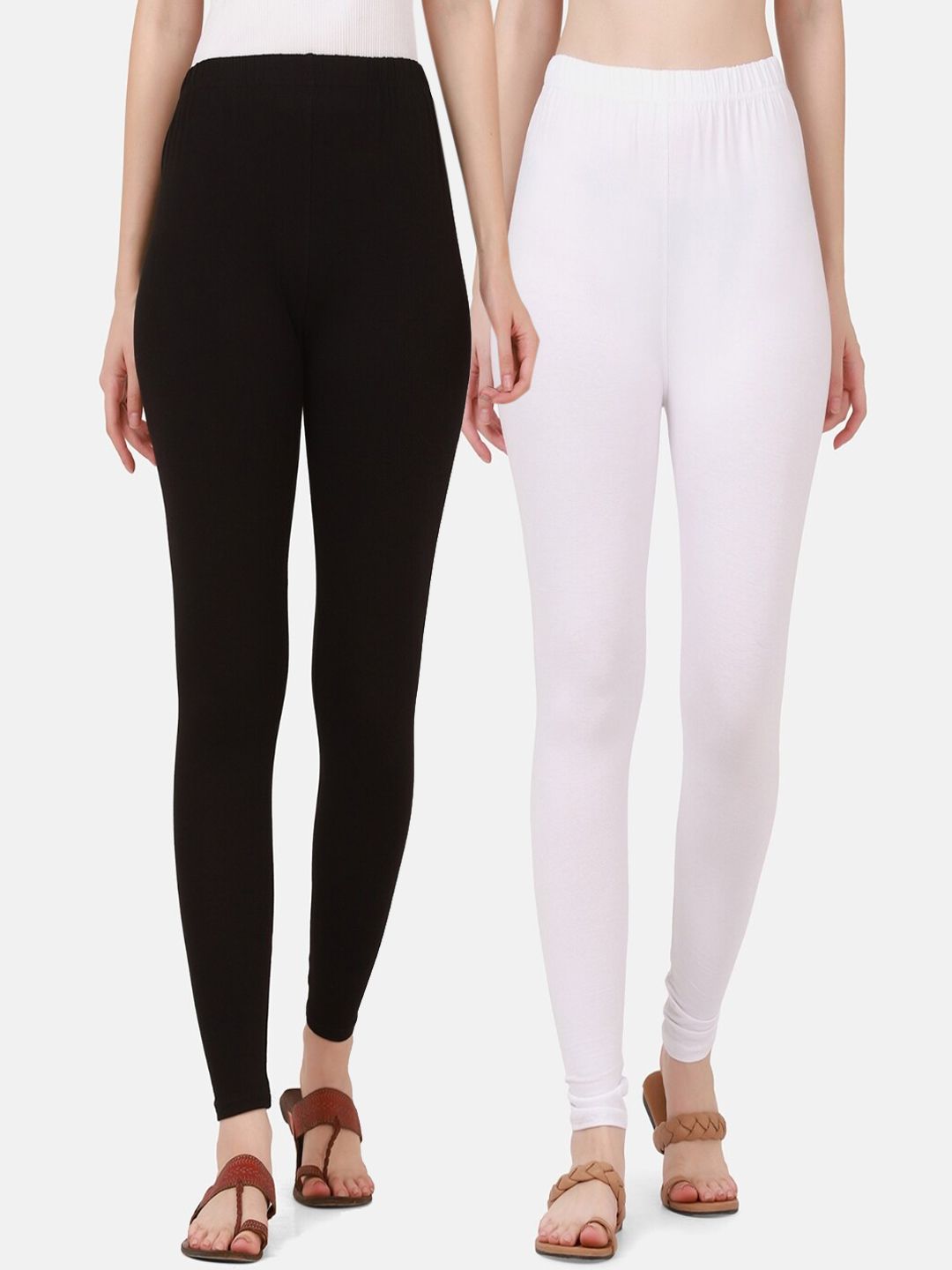 BUY NEW TREND Women Pack Of 2 White & Black Solid  Pure Cotton Ankle-Length Leggings Price in India
