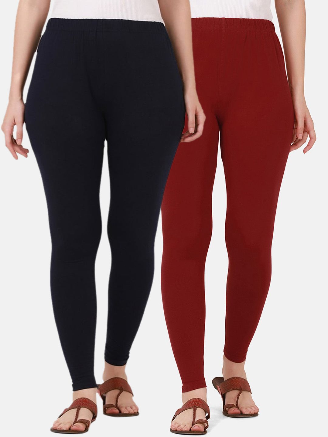 BUY NEW TREND Women Pack Of 2 Blue & Maroon Solid Pure Cotton Ankle Length Leggings Price in India