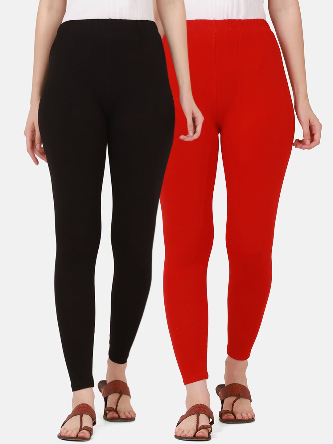 BUY NEW TREND Women Pack Of 2 Black & Red Solid Ankle-Length Leggings Price in India
