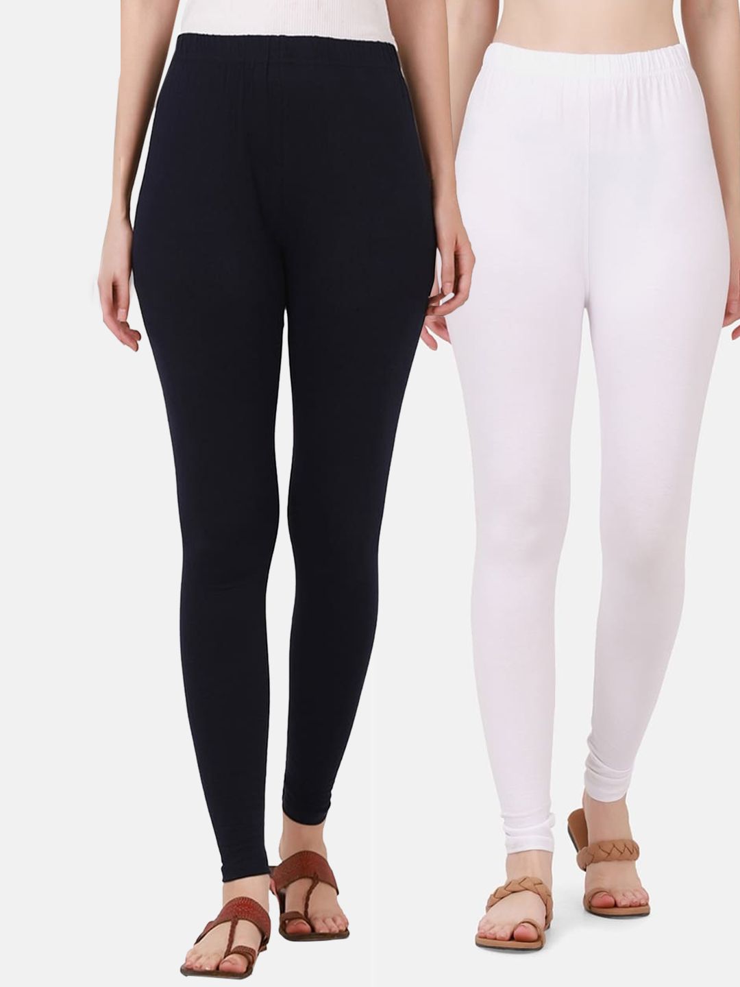 BUY NEW TREND Women Pack Of 2 Navy-Blue & White Solid  Ankle Length Leggings Price in India