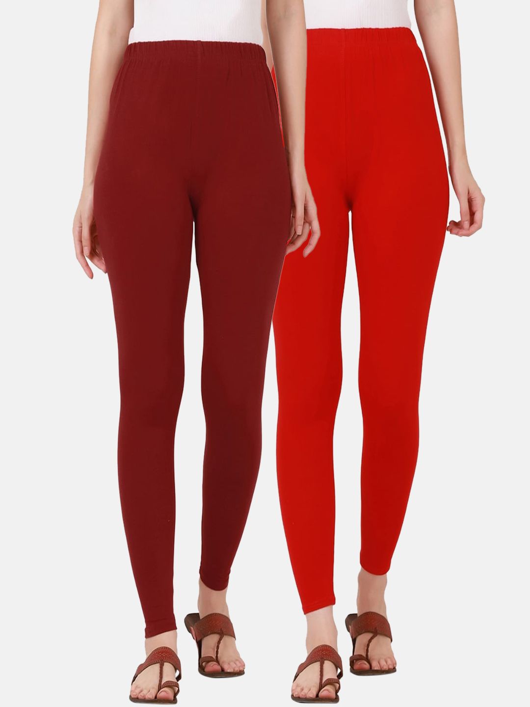 BUY NEW TREND Women Pack Of 2 Maroon & Red Solid Ankle-Length Pure Cotton Leggings Price in India