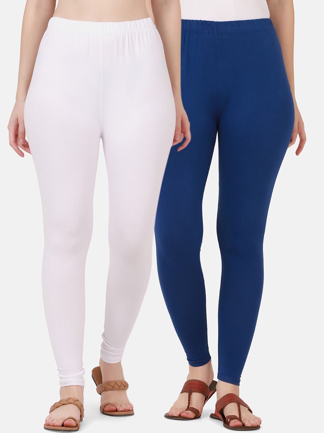 BUY NEW TREND Women Pack Of 2 Blue & White Solid Ankle-Length Pure Cotton Leggings Price in India