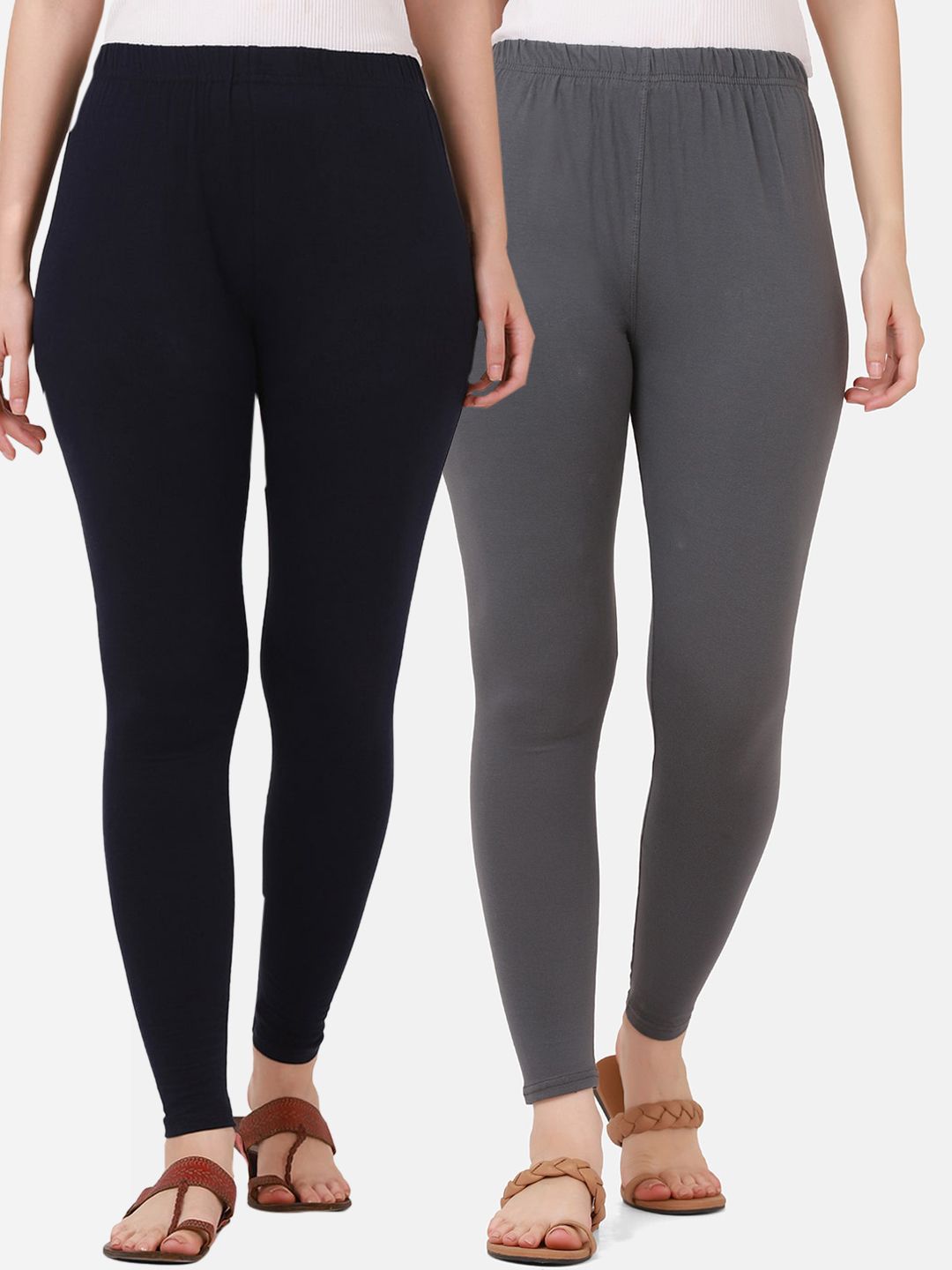 BUY NEW TREND Women Pack of 2 Solid Navy & Grey Ankle Length Cotton Legging Price in India