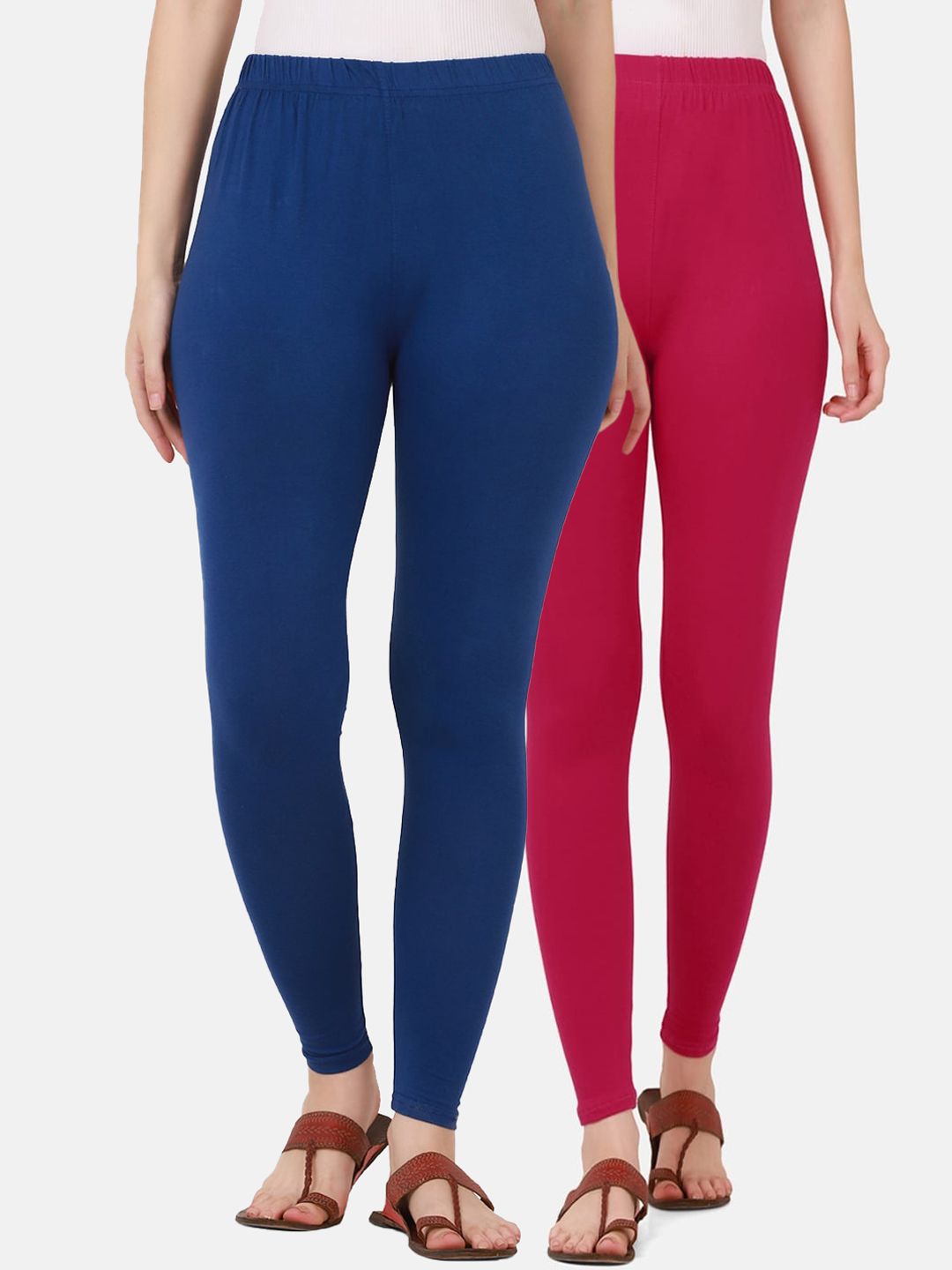 BUY NEW TREND Women Set of 2 Solid Royal & Pink Cotton  Ankle Length Leggings Price in India