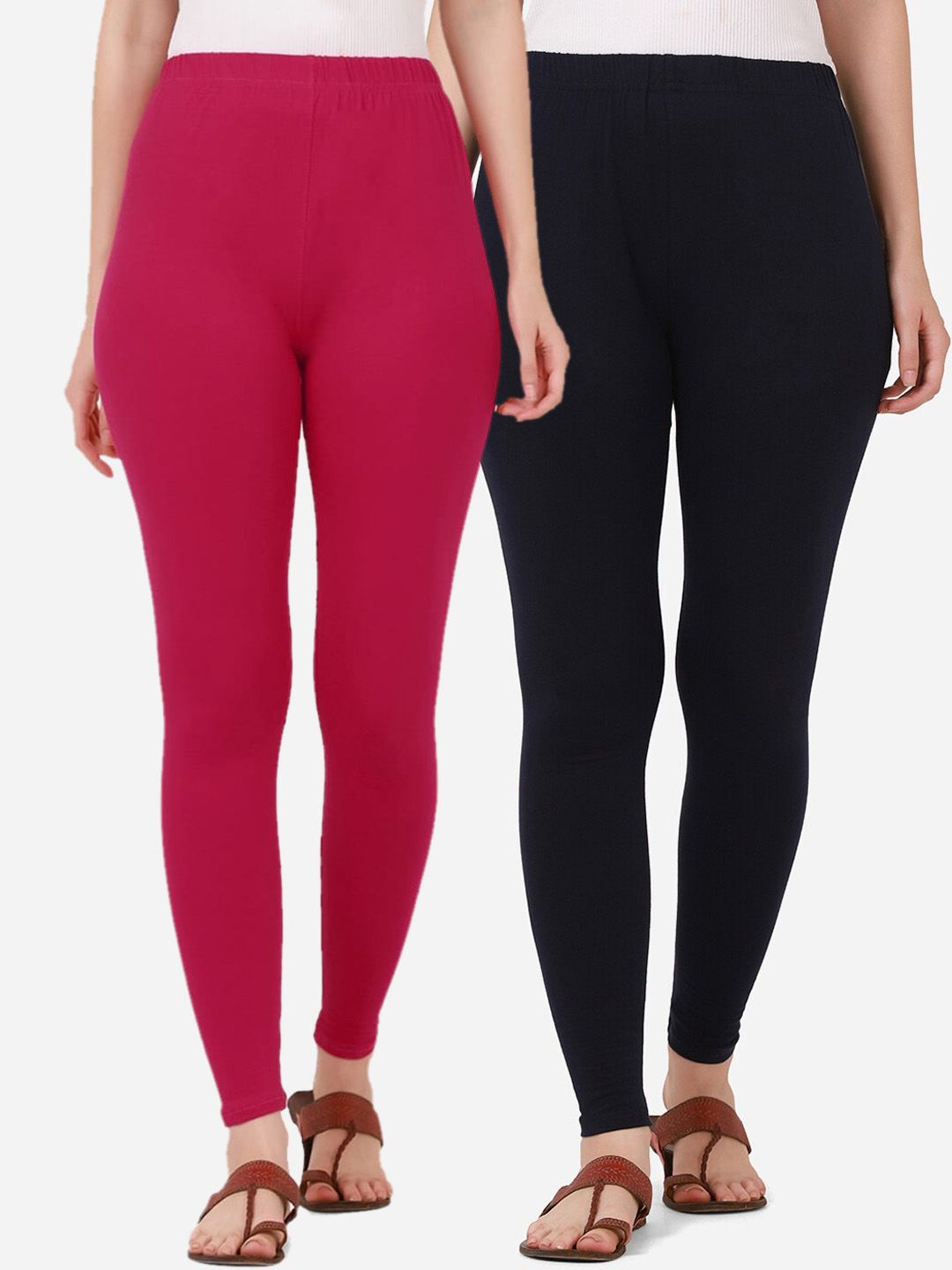 BUY NEW TREND Women Pack Of 2 Solid Navy & Pink Pure Cotton Ankle-Length Leggings Price in India