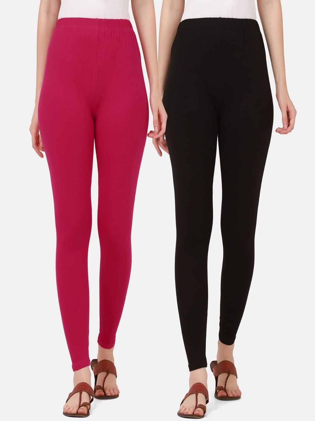 BUY NEW TREND Women Pack of 2 Solid Black & Pink Ankle- Length Cotton Leggings Price in India