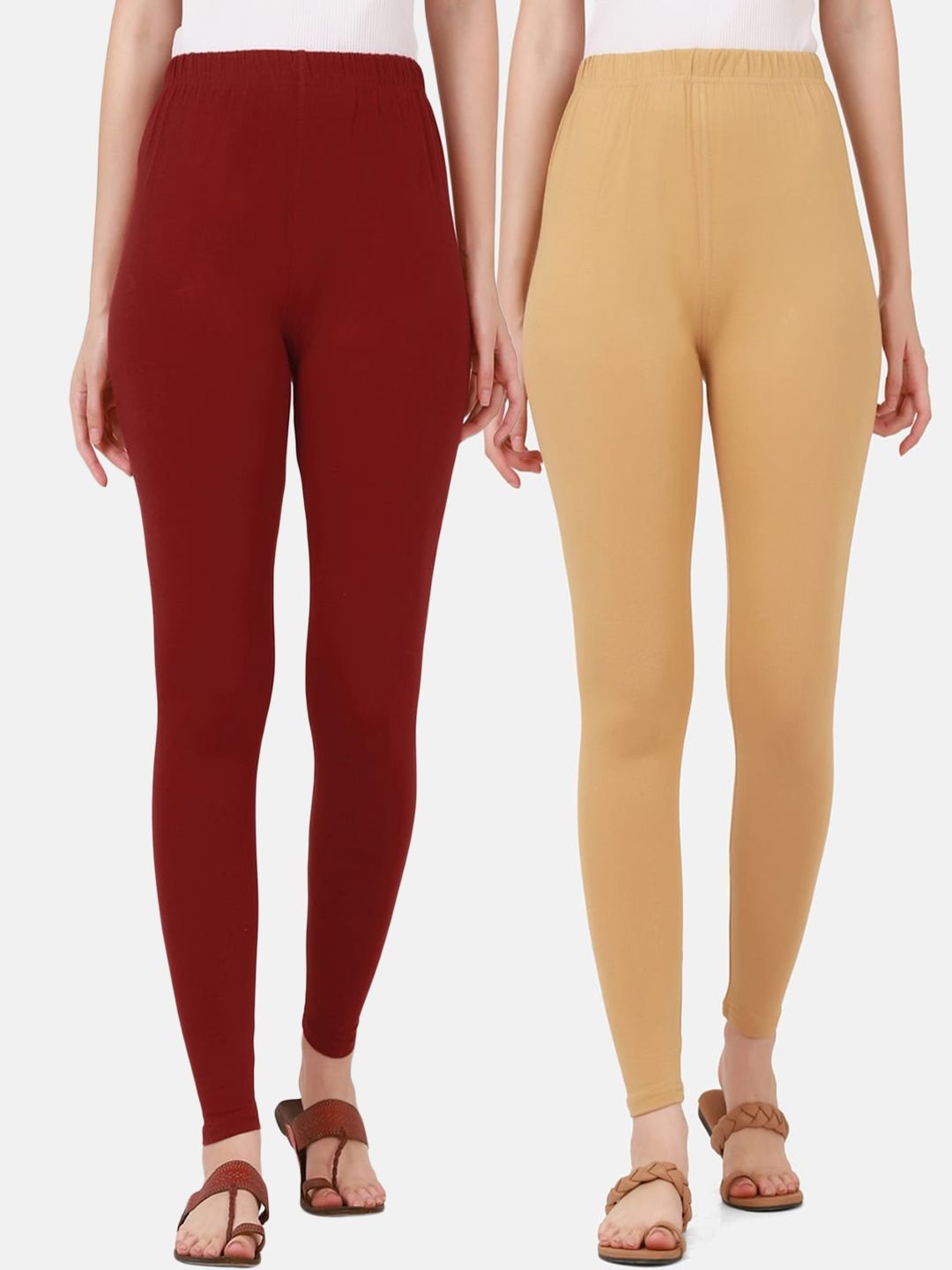 BUY NEW TREND Women Pack Of 2 Solid Maroon & Beige Pure Cotton Ankle-Length Leggings Price in India