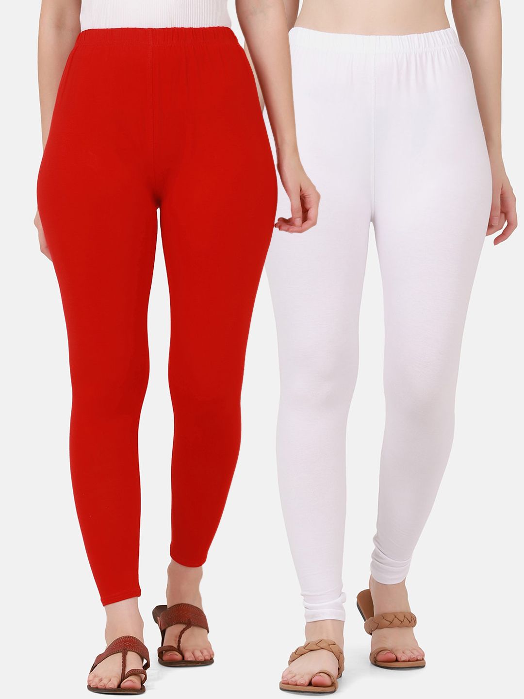 BUY NEW TREND Women Pack Of 2 Red & White Solid Ankle-Length Leggings Price in India