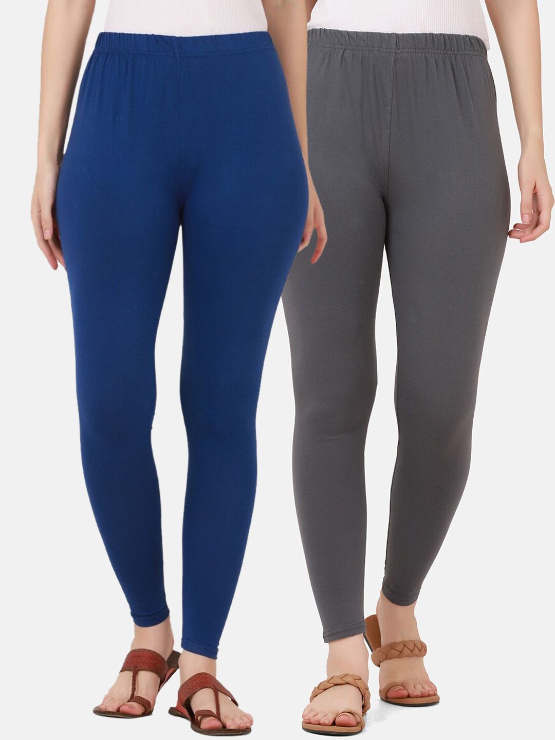 BUY NEW TREND Women Pack Of 2 Blue & Grey Solid Cotton Ankle-Length Leggings Price in India
