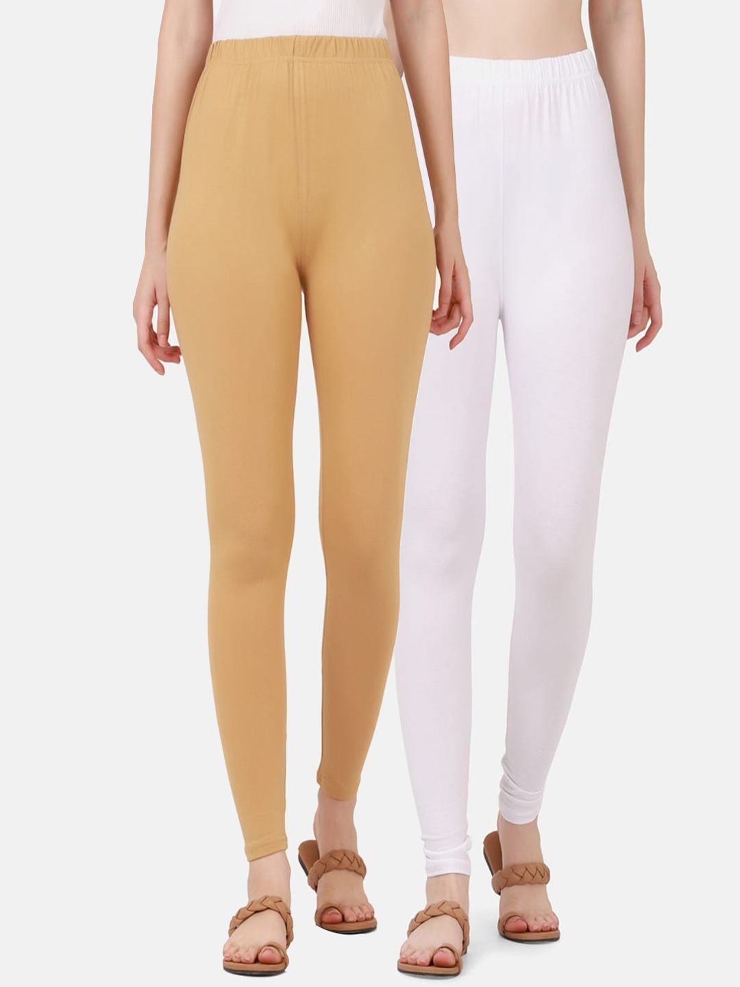BUY NEW TREND Women Pack Of 2 Beige & White Solid Ankle-Length Pure Cotton Leggings Price in India