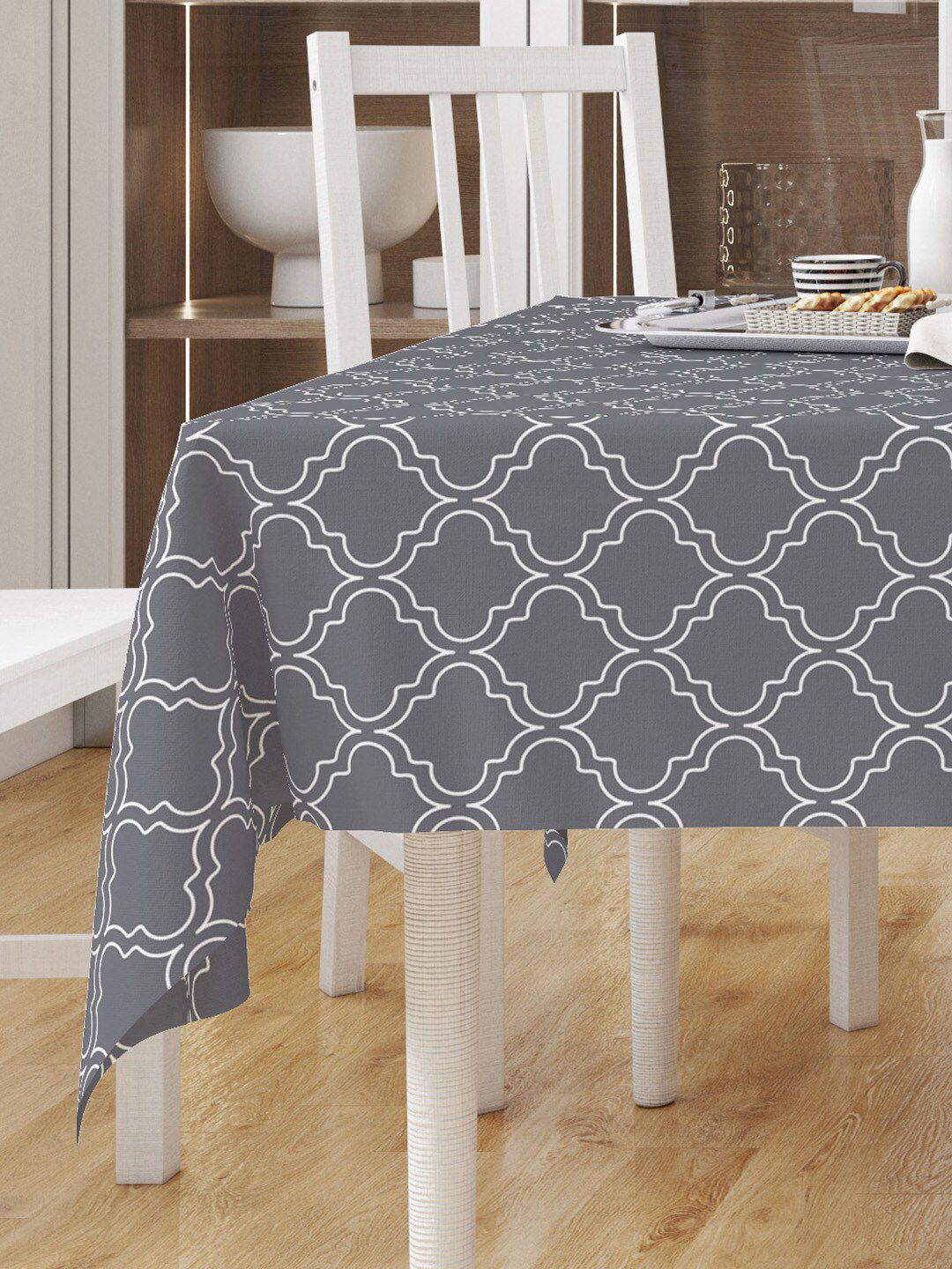 Encasa Homes Grey & White Printed 6-Seater Table Cloth Price in India