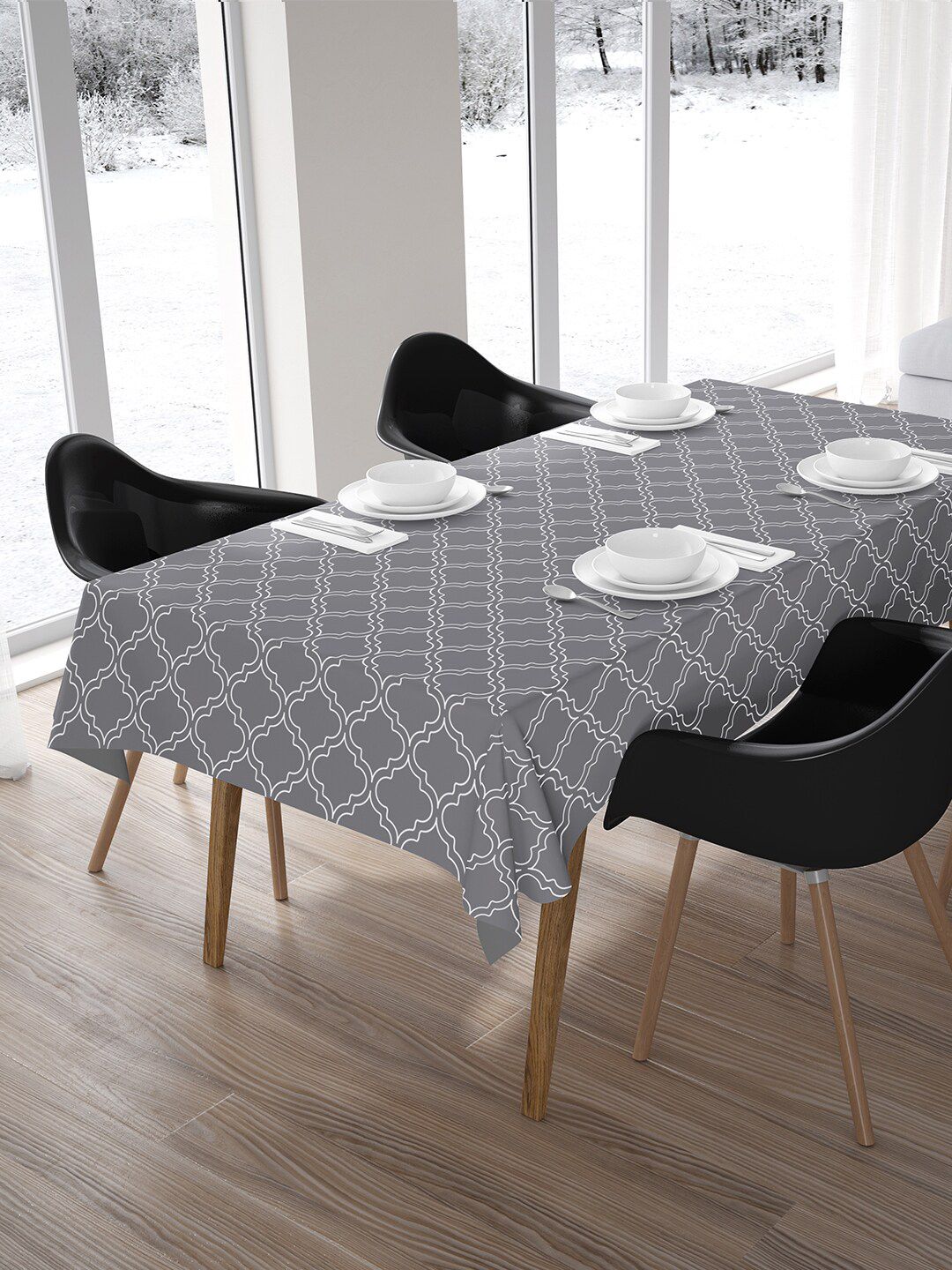 Encasa Homes Grey Printed 6 Seater Cotton Table Cloth Price in India