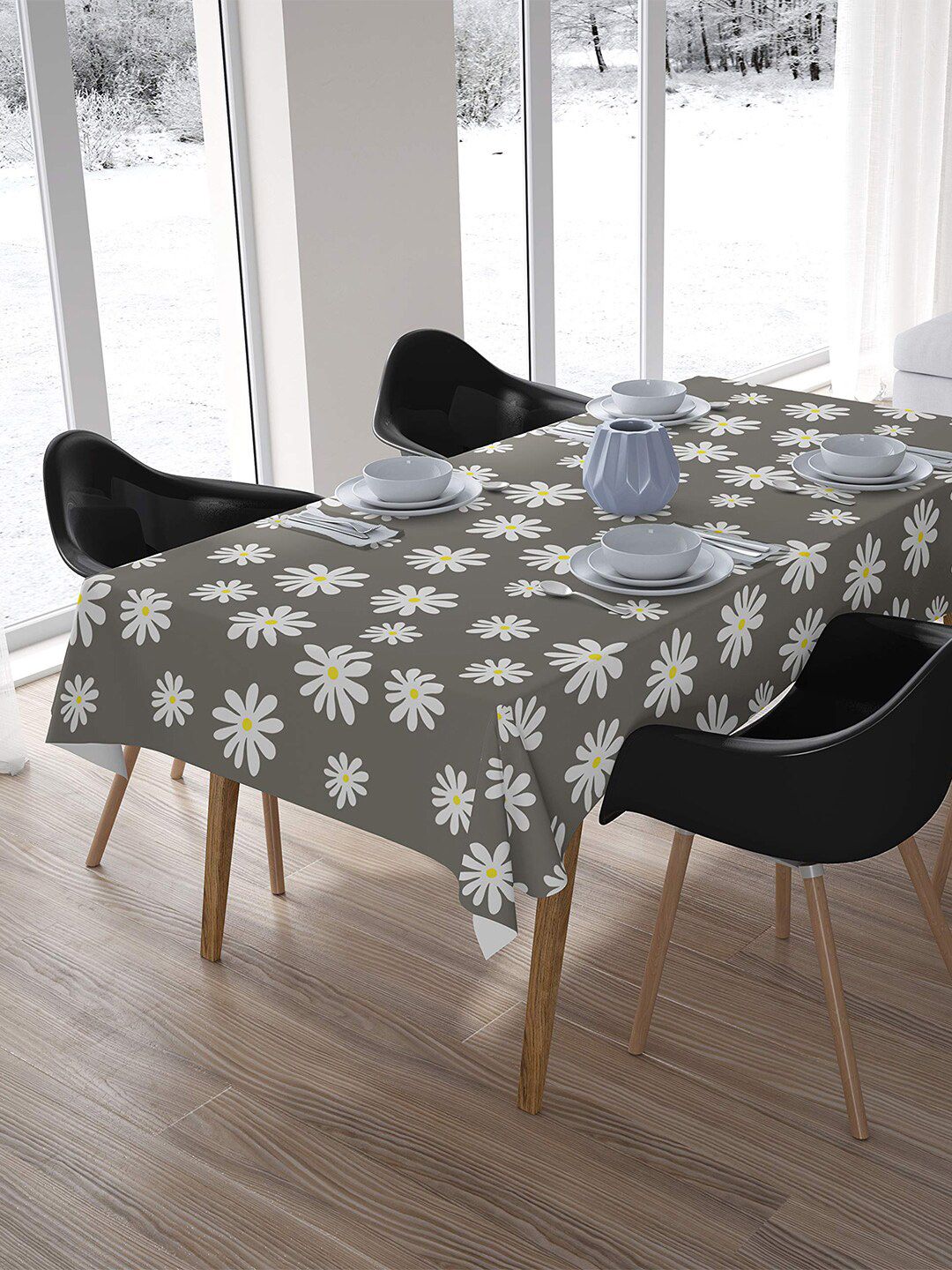 Encasa Homes Grey & White Floral Printed Table Cover Price in India