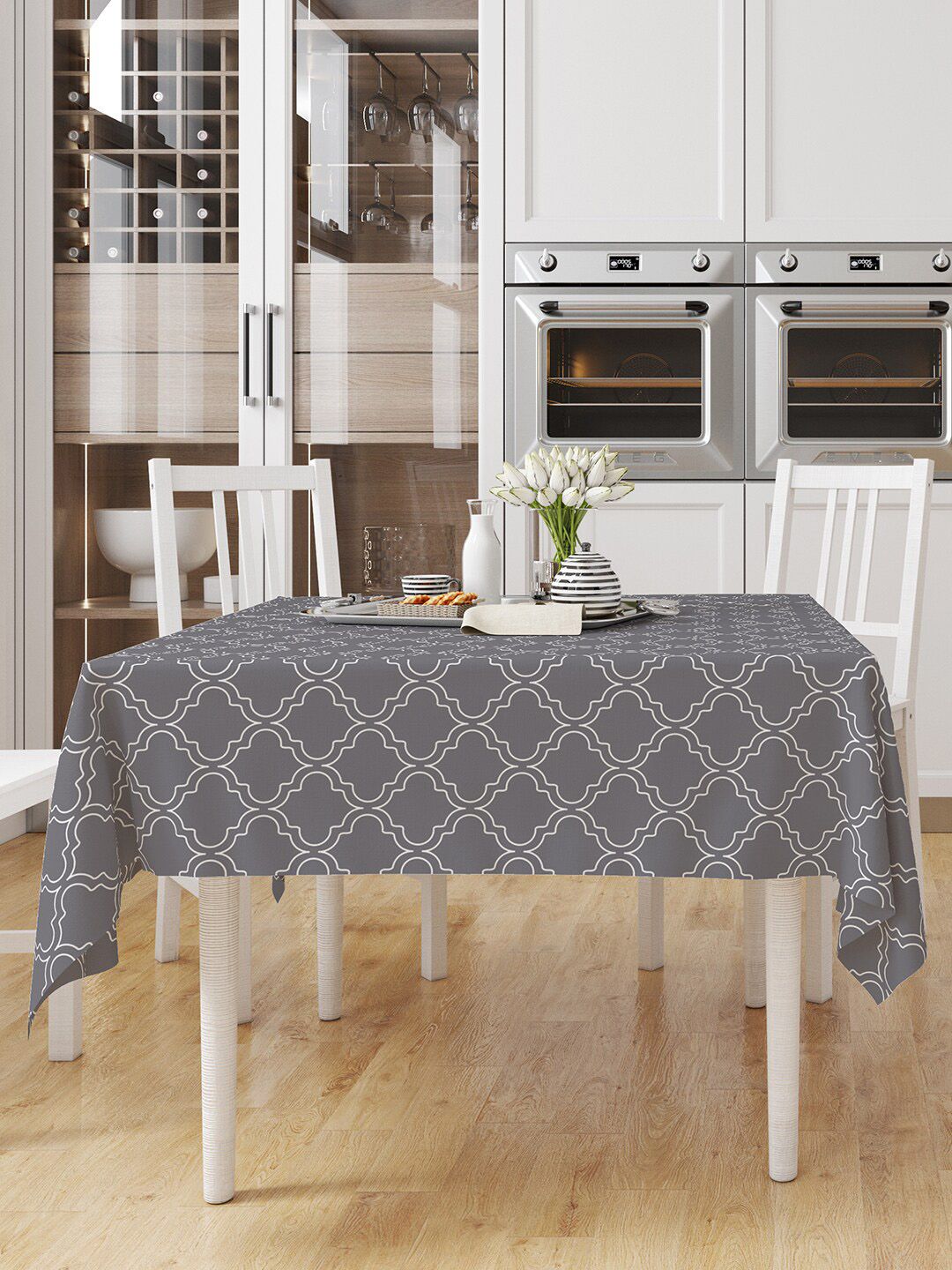 Encasa Homes Grey & White Printed 6 Seater Table Cloth Price in India