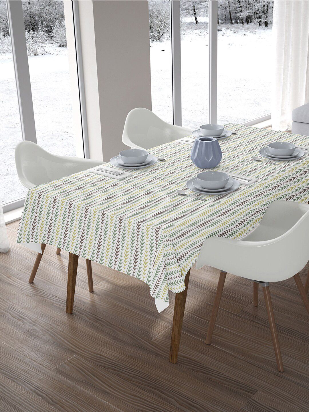 Encasa Homes White & Green Printed Cotton 6 Seater Table Cloth Price in India