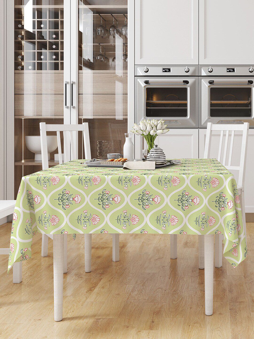 Encasa Homes Green & White Printed 6 Seater Table Cloth Price in India