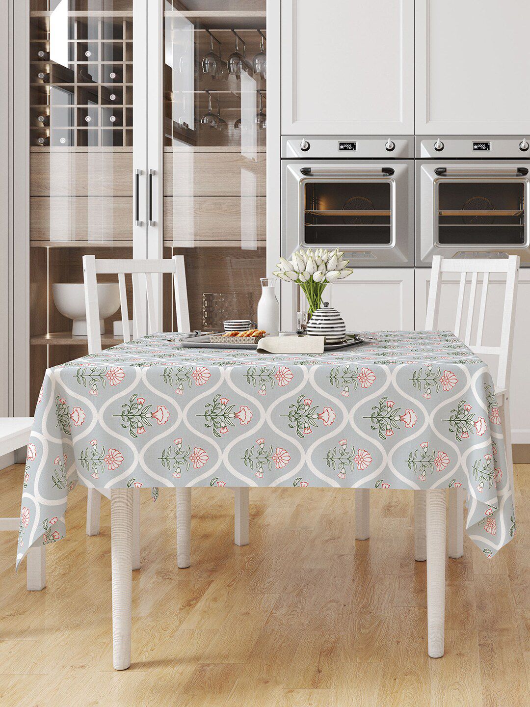 Encasa Homes Grey & Pink Printed 6 Seater Dining Table Cloth Price in India