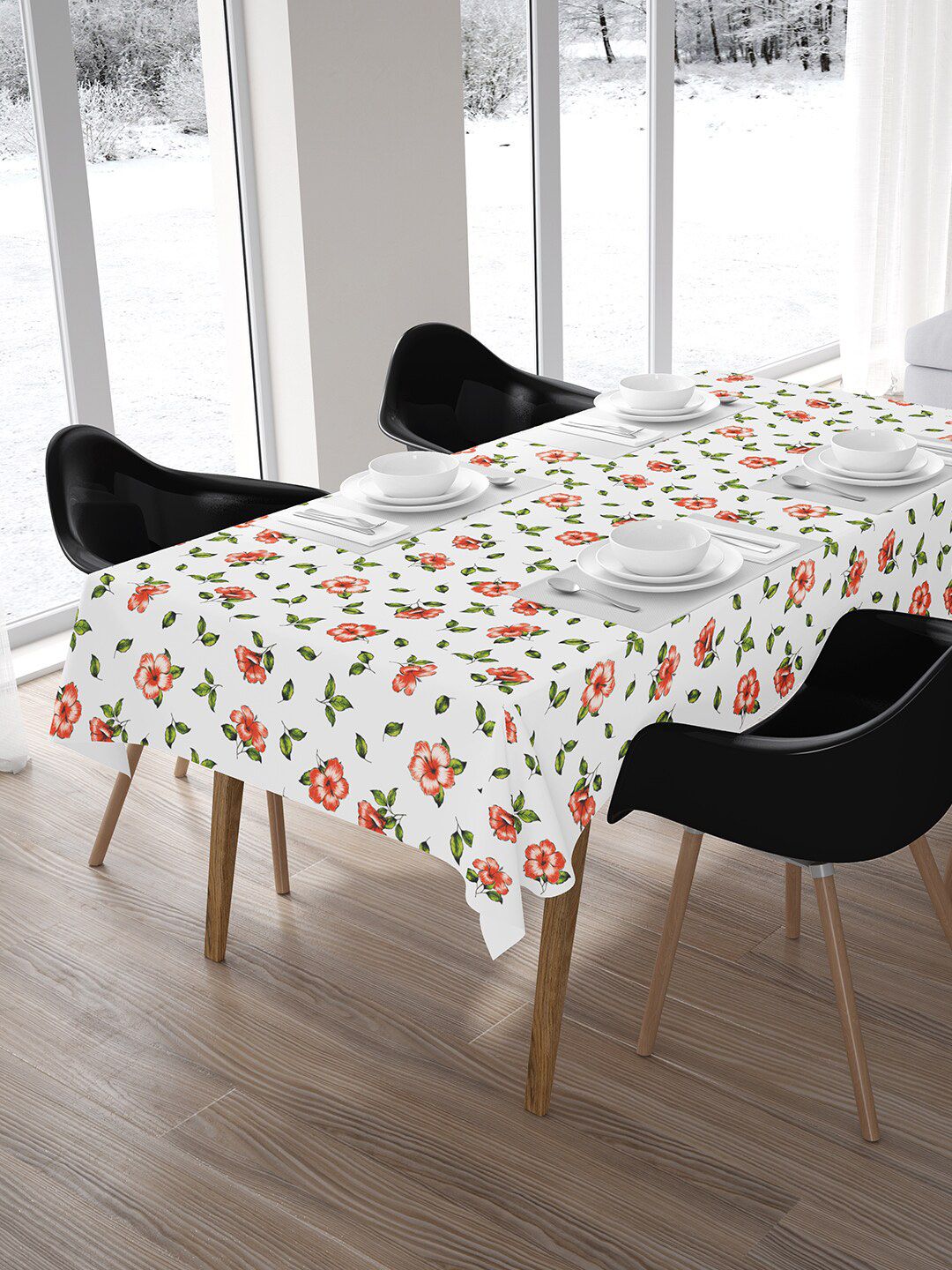 Encasa Homes White & Red Hibiscus Printed Table Cloth Price in India